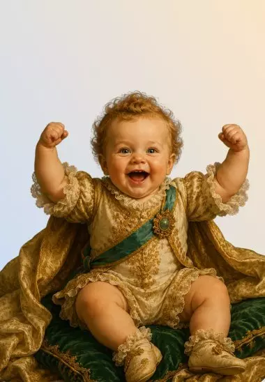Pepco baby wearing a gold velvet fancy dress costume with cape, smiling with arms raised in celebration.